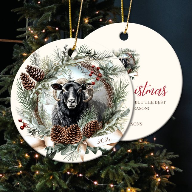 Svart fåruppfödningsdjur Julpinekon-andedräkt Julgransprydnad Keramik (Black sheep farm animal Christmas pinecone wreath Ceramic Ornament)
