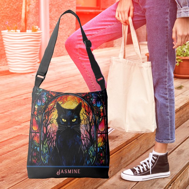 Svart, fastfärgad glasrött Spooky Axelväska (Black Cat Lover Stained Glass Red Spooky Crossbody Bag (Front))