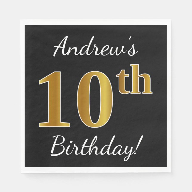 Svart, Faux Guld 10:e födelsedag + eget namn Pappersservett (Framsidan)