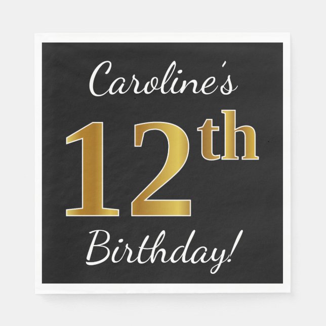 Svart, faux Guld 12:e-födelsedag + eget namn Pappersservett (Framsidan)