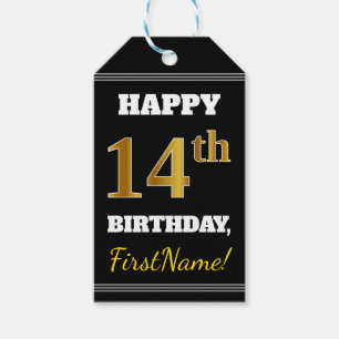 Svart, Faux Guld 14th Birthday + Custom Name Presentetikett