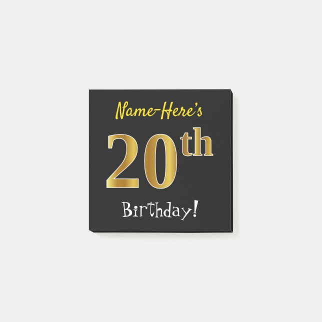 Svart, Faux Guld 20:e födelsedagen, med eget namn Post-it Block (Framsida)