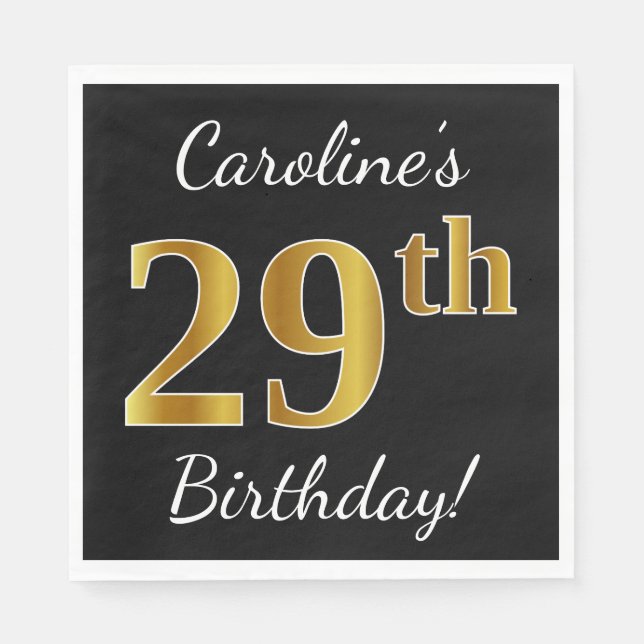 Svart, Faux Guld 29:e födelsedagen + eget namn Pappersservett (Framsidan)