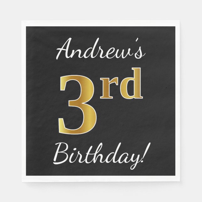 Svart, Faux Guld 3:e födelsedag + eget namn Pappersservett (Framsidan)