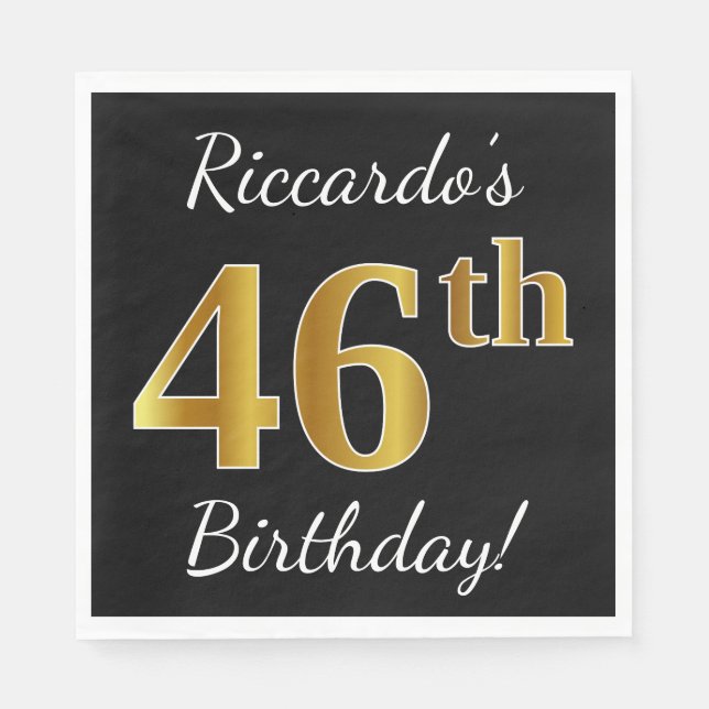 Svart, Faux Guld 46:e födelsedagen + eget namn Pappersservett (Framsidan)