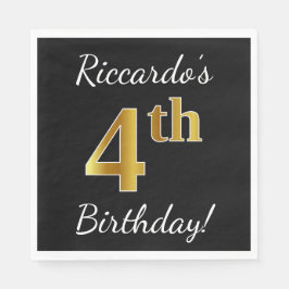 Svart, Faux Guld 4e födelsedagen + eget namn Pappersservett