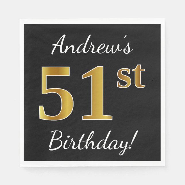 Svart, Faux Guld 51:a födelsedag + eget namn Pappersservett (Framsidan)