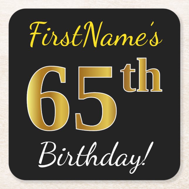 Svart, Faux Guld 65e Birthday + Anpassat namn Underlägg Papper Kvadrat (Framsidan)