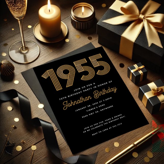 Svart Faux Guld 70:e födelsedagsinbjudan 1955 Inbjudningar (1955 Black Faux Gold 70th Birthday Invitation. Celebrate turning 70 in style! Modern & simple design)