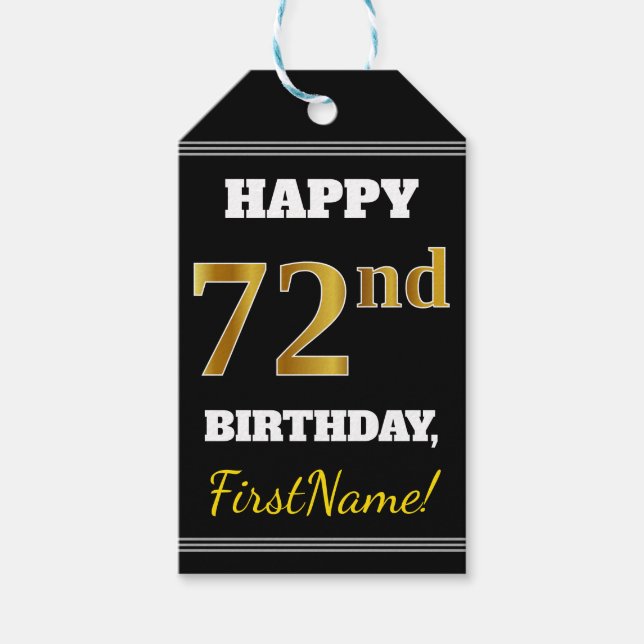 Svart, Faux Guld 72:a födelsedagen + eget namn Presentetikett (Framsidan)