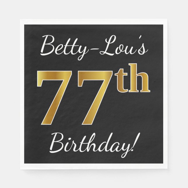 Svart, Faux Guld 77:e födelsedagen + eget namn Pappersservett (Framsidan)