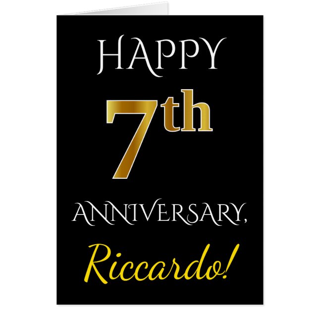 Svart, faux Guld 7:e-Bröllop-årsdagen + Namn Hälsningskort (Framsidan)