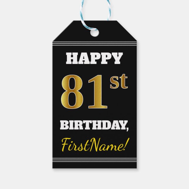 Svart, Faux Guld 81:a födelsedag + eget namn Presentetikett (Framsidan)