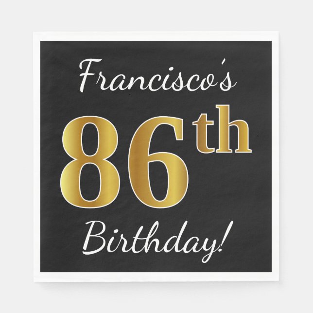 Svart, Faux Guld 86:e födelsedagen + eget namn Pappersservett (Framsidan)