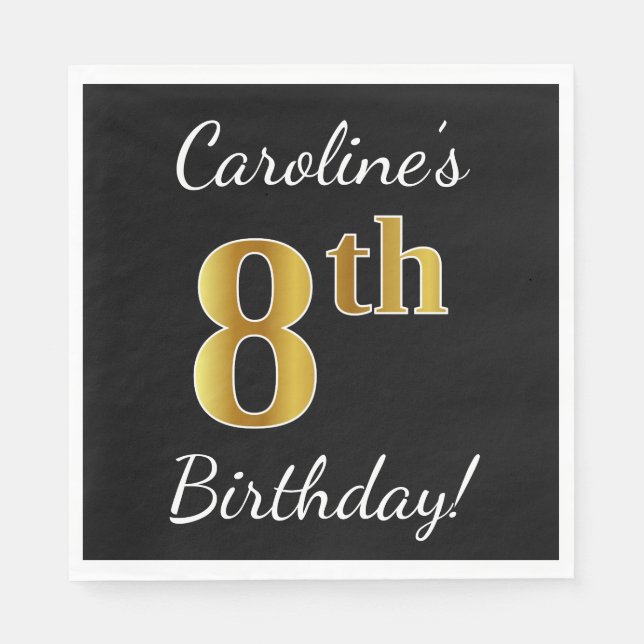 Svart, Faux Guld 8:e födelsedag + eget namn Pappersservett (Framsidan)