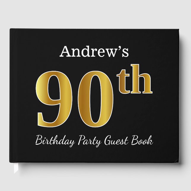 Svart, Faux Guld 90:e Födelsedagsfest + Anpassat n Gästböcker (Framsida)