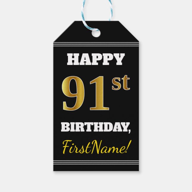 Svart, Faux Guld 91:a födelsedag + eget namn Presentetikett (Framsidan)