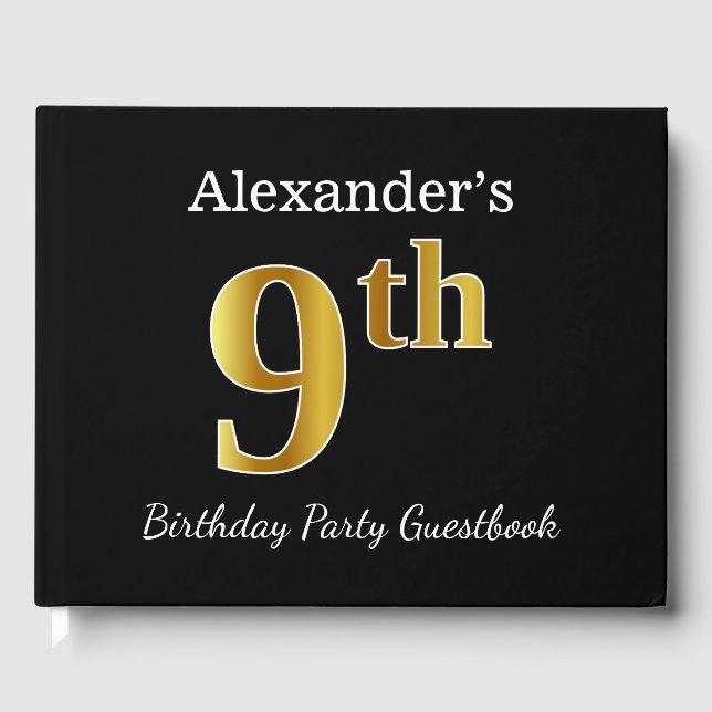 Svart, Faux Guld 9:e Födelsedagsfesten + Anpassat  Gästböcker (Framsida)