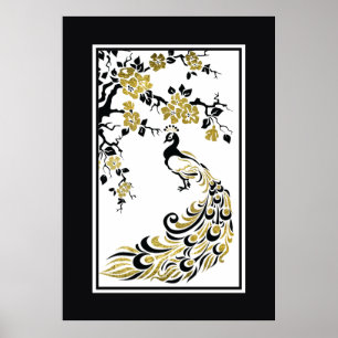 Svart, faux guld foil peace and cherry blommars poster