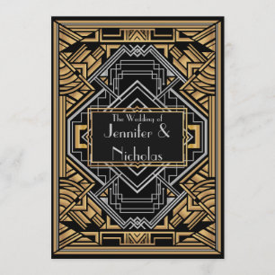 Svart, Faux Guld och Silver Art Deco Gatsby Stil Inbjudningar