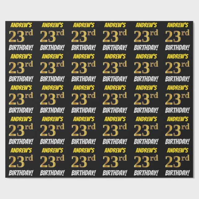 Svart, Faux/Imitation Guld, "23:e BIRTHDAY" Presentpapper (Platt)