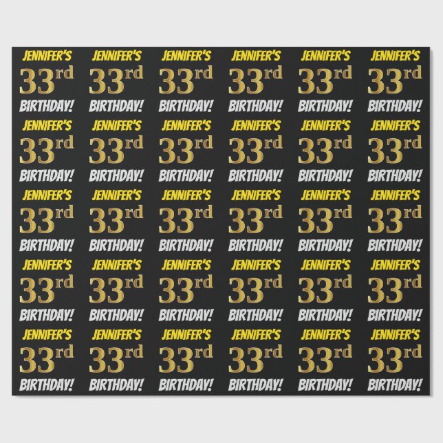 Svart, Faux/Imitation Guld, "33:e BIRTHDAY" Presentpapper (Platt)