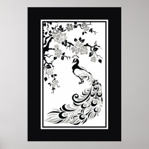 Svart faux silver foil peace and cherry blommars poster