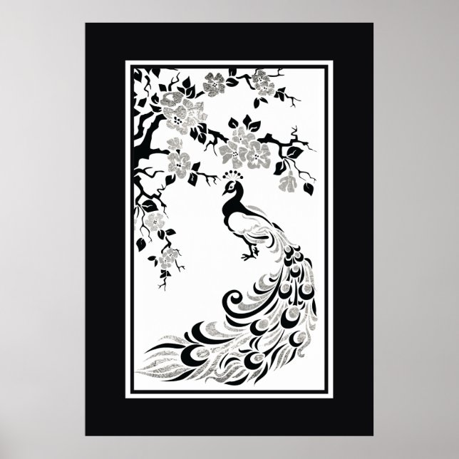 Svart faux silver foil peace and cherry blommars poster (Framsidan)