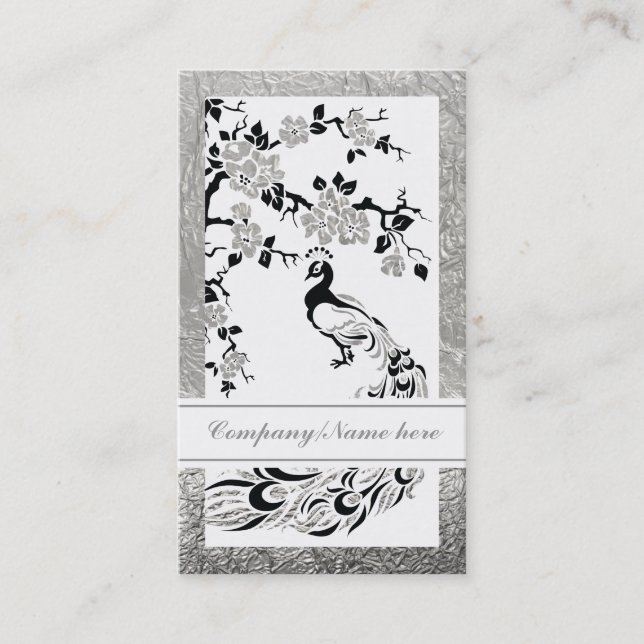 Svart faux silver foil peace and cherry blommars visitkort (Framsida)