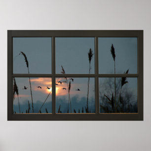 Svart Faux Window Illusion Flock of Birds Poster