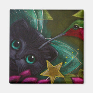 SVART FELIK KATTUNGEKATT- & HUMMINGBIRDmagnet Magnet