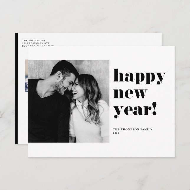 Svart fet, fetstil, Gott nytt år-foto Helg Vykort (Fram/baksida)