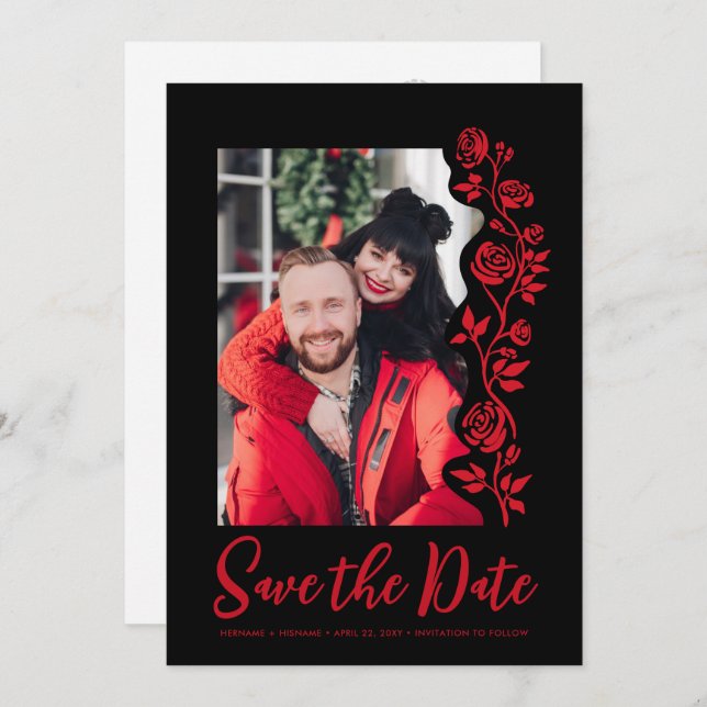 Svart fet foto Hand plockade Röd ros-fet enkel Spara Datumet (Fram/baksida)