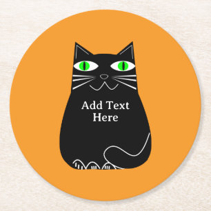 Svart fet katt med gröna ögon anpassad text underlägg papper rund