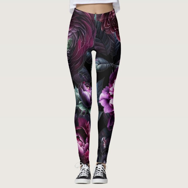 Svart, fet Moody blommor, skrynklig Blommigt Garde Leggings (Framsida)