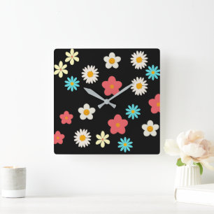 Svart fet Y2K-jokrosblommor Vibrant Home Decor Fyrkantig Klocka