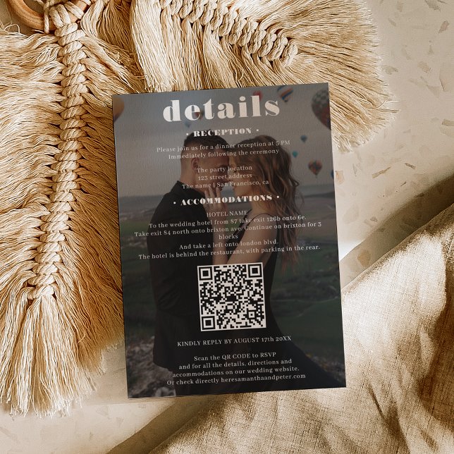 Svart fetstil bröllopsdetaljer Qr-kod 2 bilder Tilläggskort (Bold font wedding details Qr code 2 photos black Enclosure Card)