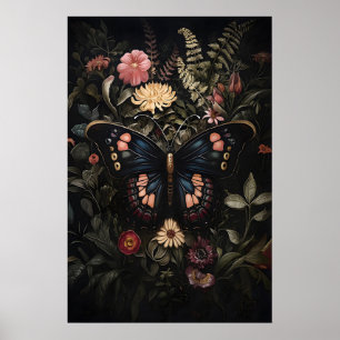 Svart fjäril i mörk blomsterträdgård, melankolisk  poster