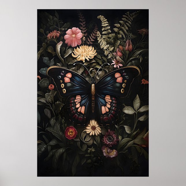 Svart fjäril i mörk blomsterträdgård, melankolisk  poster (Framsidan)