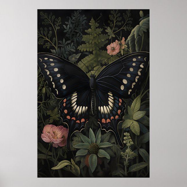 Svart Fjäril I Mörk Blomsterträdgård, Melankolisk  Poster (Framsidan)