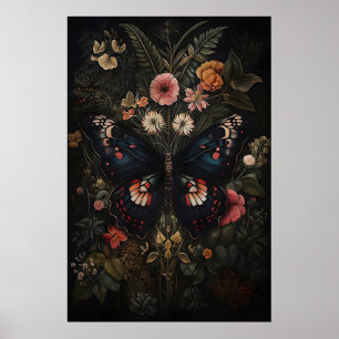 Svart Fjäril I Mörk Blomsterträdgård, Melankolisk Poster