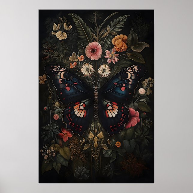 Svart Fjäril I Mörk Blomsterträdgård, Melankolisk  Poster (Framsidan)