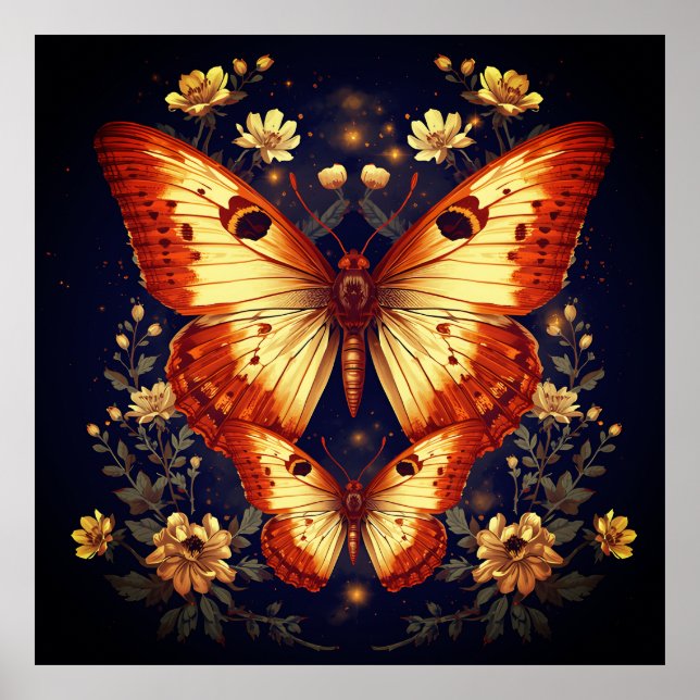 Svart fjäril och blomsterkonsttryck – Halvblank  Poster (Framsidan)