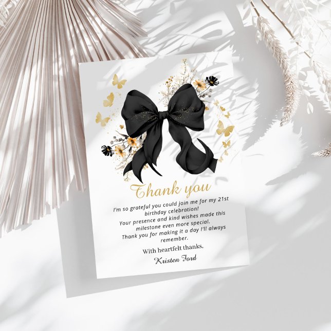 Svart Fjärilsinspirerad Födelsedags Gratulationsko Inbjudningar (Elegant Black Coquette bow wildflowers thank you card)