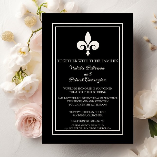 Svart Fleur de Lis Bröllopsinbjudan Inbjudningar (Black Fleur de Lis Wedding Invitation)