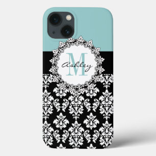 Svart Fleur de Lis Damast för blått Monogram