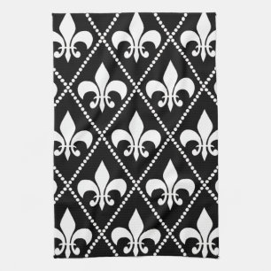 Svart Fleur de Lis Kökshandduk