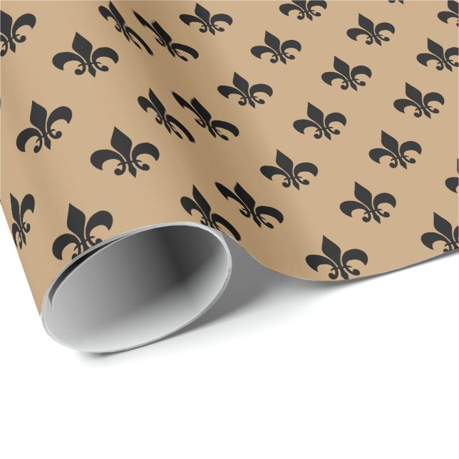 Svart Fleur-de-lis på kamelbrun Presentpapper (Rullad Hörn)