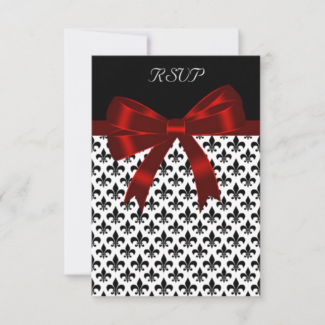 Svart Fleur De Lis Röd Bow RSVP-kort OSA Kort (Framsida)