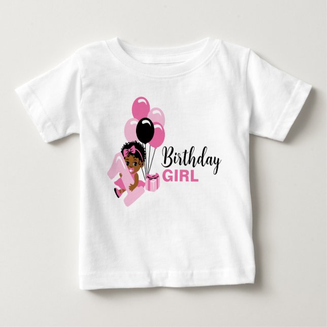 Svart flicka 1-års födelsedags T-shirt med ballong (Framsida)